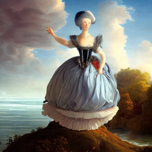 Prompt: Marie Antoinette levitating over the sea. high detail, great lighting, 8k resolution, masterpiece, concept art, illustration