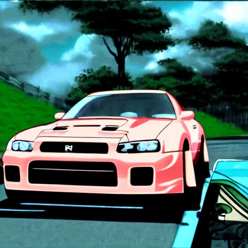 Prompt: nissan gtr r 3 5 in initial d, anime still frame