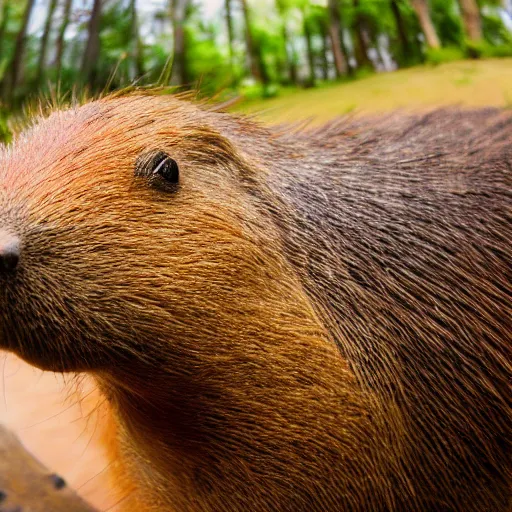 Prompt: fish eyed view of a capybara, photorealistic