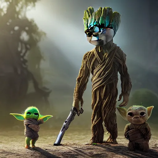 babyyoda ( 2 0 2 1 ) walking next to groot ( 2 0 1 7 | Stable Diffusion ...