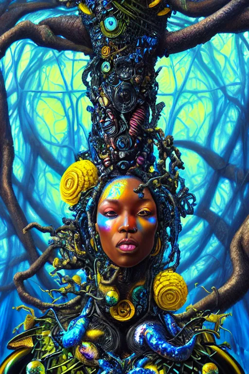 Image similar to hyperrealistic maximalist super expressive! black woman with exoskeleton armor, merging with tree in a forest, highly detailed digital painting masterpiece smooth cam de leon hannah yata dramatic pearlescent blue yellow light ground angle hd 8k sharp focus