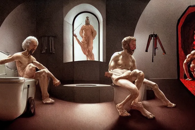 Image similar to hyperrealism aesthetic ridley scott and caravaggio and denis villeneuve style photography of a detailed giant, siting on a detailed ultra huge toilet in surreal scene from detailed art house movie in style of alejandro jodorowsky and wes anderson