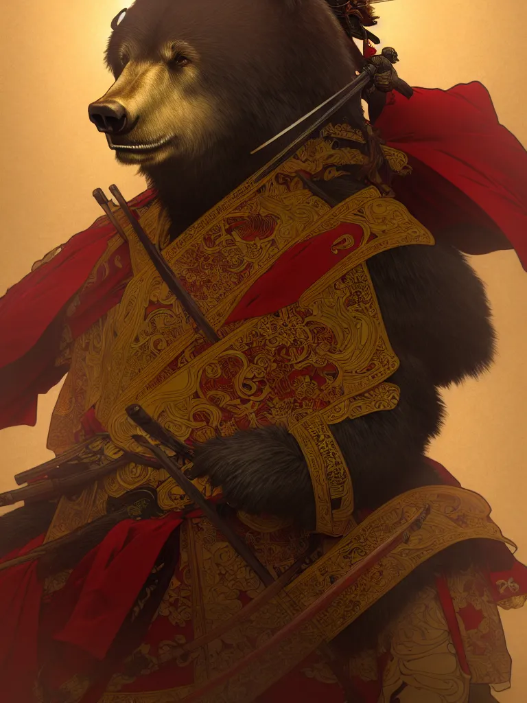 Image similar to anthropomorphic samurai bear, diffuse lighting, fantasy, intricate, highly detailed, lifelike, photorealistic, digital painting, artstation, illustration, concept art, smooth, sharp focus, art by alphonse mucha