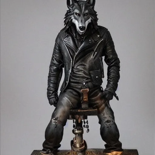 Prompt: anthromorphic wolf with a bikers jacket on by a lamp