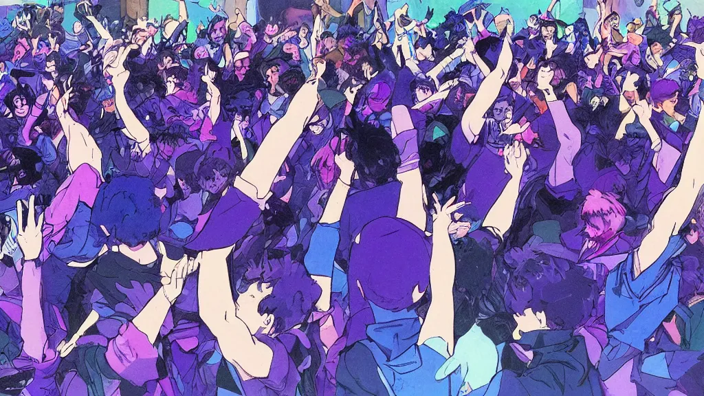 Image similar to a group of people seen from the front dancing together at a concert,, dark blue and intense purple color palette, in the style of yoshiyuki tomino