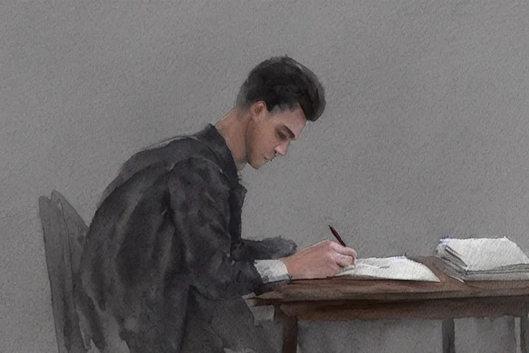 Image similar to a watercolor painting of a man writing in a large leather notebook in a foggy room by jama jurabaev, cinematic shot, trending on artstation, high quality, ultra realistic