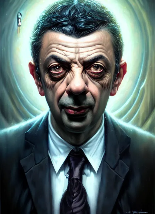 Image similar to lovecraft biopunk portrait of rowan sebastian atkinson by tomasz alen kopera and peter mohrbacher