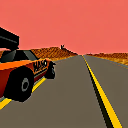 Prompt: mad max racing, nintendo 6 4 screenshot, low poly, aliased