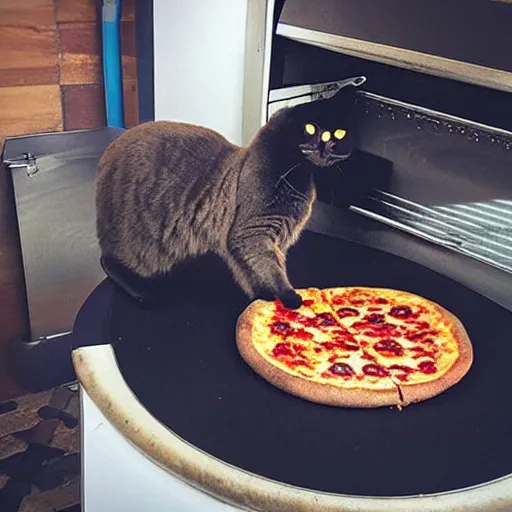 Image similar to “a black cat putting pizza in a pizza oven”