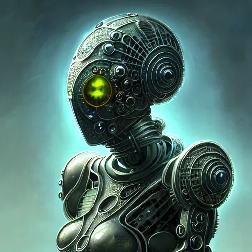 Image similar to low angle shot of a cyberpunk radiolarian gazmask robot character, intricate, elegant, highly detailed, centered, digital painting, artstation, concept art, smooth, sharp focus, illustration, artgerm, Tomasz Alen Kopera, Peter Mohrbacher, donato giancola, Joseph Christian Leyendecker, WLOP, Boris Vallejo