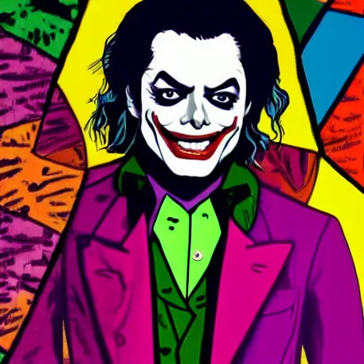 Image similar to michael jackson as the joker laugh on camera. symmetrical anatomy, hyperdetailed, coloured comic, baroque, pop art style, fantasy, without duplication, art by roy lichtenstein and andy warhol and vinicius gud and gustavo zambelli, intricate, trending artstation, dribble popular.