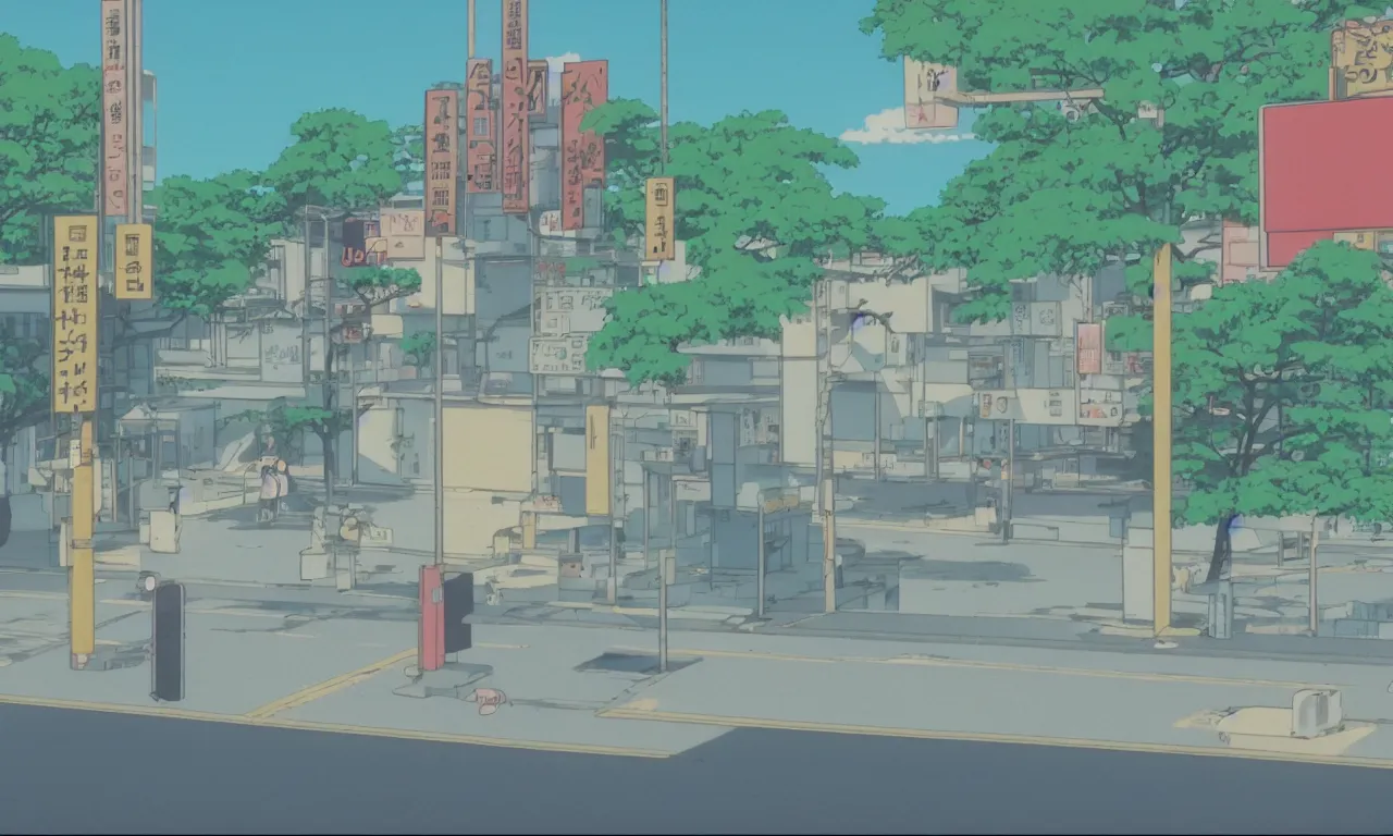 Image similar to A cute aesthetic still frame from an 80's or 90's anime, minimal street in Japan with a waterfall