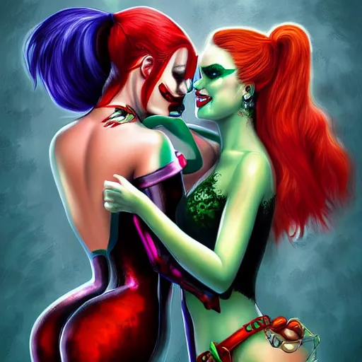 Image similar to harley quinn and poison ivy romance, hyper detailed masterpiece, digital art painting, surrealisme aesthetic,