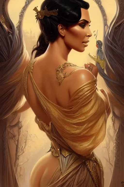 Prompt: Kim Kardashian as a princess, fantasy, intricate, elegant, highly detailed, digital painting, artstation, concept art, matte, sharp focus, illustration, art by Artgerm and Greg Rutkowski and Alphonse Mucha