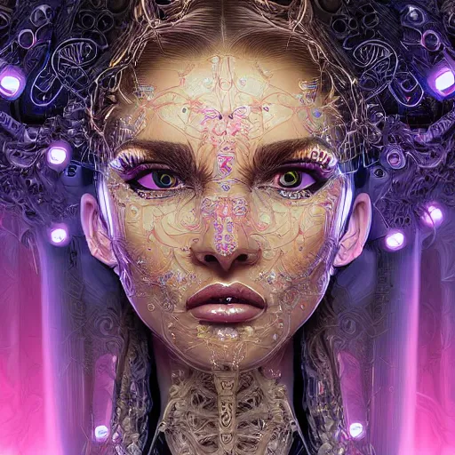 Prompt: very beautiful woman integrating with technology, full face frontal centered, portrait, insipiring, detailed intricate ornate cables connected to head, big open electric eyes, luxurious detailed abundent wiring and implants, diamonds, ruby, sci - fi, neon, emeralds, detailed technology background with cyber flowers and insects, highly detailed, artstation, 8 k, by laurie greasley