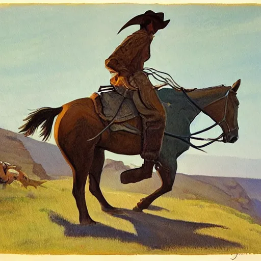 Prompt: a painting of a cowboy riding a theropod in the style of n. c. wyeth and in the style of james gurney.