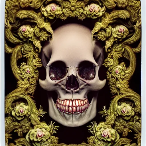 Image similar to a beautiful detailed front view rococo portrait of a rotten woman corpse becoming almost a skull with fractal plants and fractal flowers and mushrooms growing around, intricate, ornate, volumetric light, beautiful lit, polaroid photography, the northman