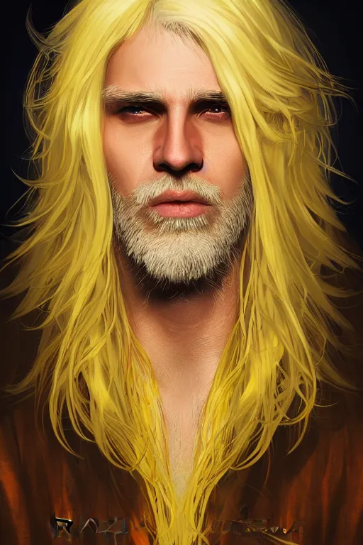 Prompt: Portrait of male mage with long white hair, yellow face, photorealistic, highly detailed, artstation, smooth, sharp focus, gold ornaments, neon lighting, sci-fi, art by Klimt