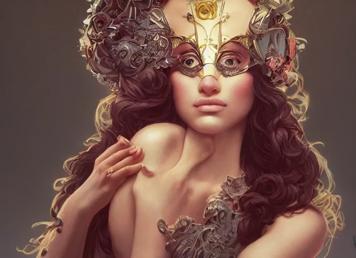 Image similar to masked, perfectly-centered-Portrait of the most beautiful woman on the planet , intricate, highly detailed, artstation, concept art, concept render, octane, redshift, smooth, sharp focus, illustration,award-winning, Unreal Engine 5, 8K, art by artgerm and greg rutkowski and alphonse mucha