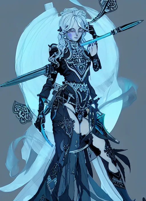 Prompt: beautiful drow queen in iron mask and ornate pale blue dress, gray hair. in style of yoji shinkawa and hyung - tae kim, trending on artstation, dark fantasy, great composition, concept art, highly detailed, dynamic pose, vibrant colours.