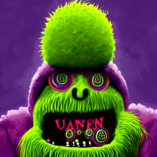 Prompt: a tennis ball monster in a purple pimp coat, digital art, fantasy, magic, chalk, trending on artstation, ultra detailed, professional illustration by basil gogos