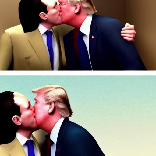 Image similar to a 3d render of mark zuckerburg kissing donald trump, in the style of beeple,