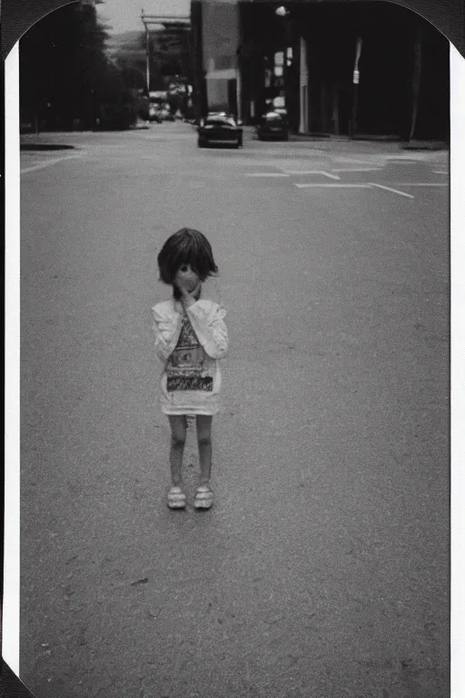 Image similar to polaroid photo of sad and lonely child in the middle of an empty street in a big city, tecnica collodio umido, photorealistic, 35mm film, lens 85mm, f2.8, black and white, polaroid, view camera.