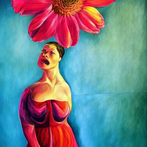 Image similar to huge flower as head, woman standing in a luxury apartment, surreal, dramatic light, impressionist painting, digital painting, artstation, georgia o'keeffe