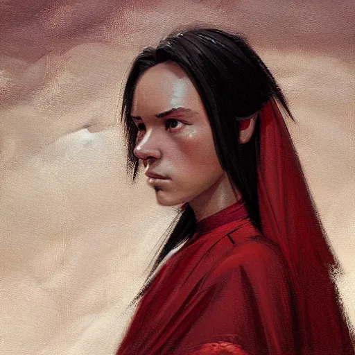 Image similar to portrait of a woman by greg rutkowski, jedi princess, straight black hair, jedi robes, star wars expanded universe, she is about 2 0 years old, elegant, graceful, wearing red jedi robes, highly detailed portrait, digital painting, artstation, concept art, smooth, sharp foccus ilustration, artstation hq