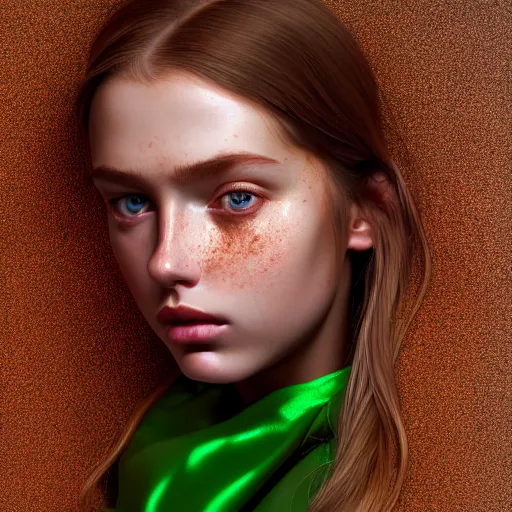 Image similar to beautiful hyperrealism hyperdetailed selfie of a cute young woman, long light bronze brown hair, flushed face, red blush, light freckles, puffy lips, soft features, emerald green eyes, 8 k, sharp focus, art by irakli nadar