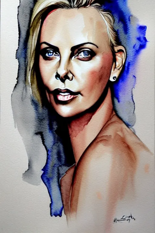 Prompt: charlize theron, grey, colorless and silent, watercolor portrait by ana santos