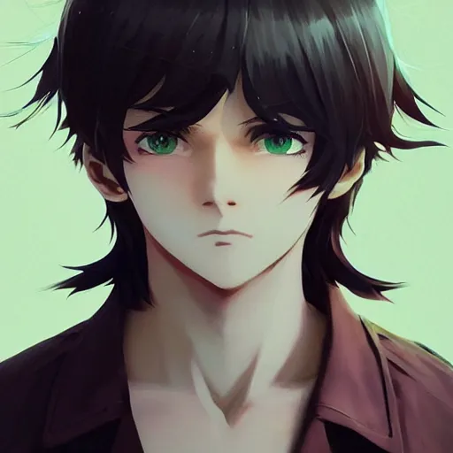 Image similar to insanely detailed. by wlop, ilya kuvshinov, krenz cushart, greg rutkowski, pixiv. zbrush sculpt, octane, maya, houdini, vfx. close - up gorgeous attractive cg anime male character with long hair, parted in the middle, with brilliant green glowing eyes. cinematic dramatic atmosphere, sharp focus, volumetric lighting.