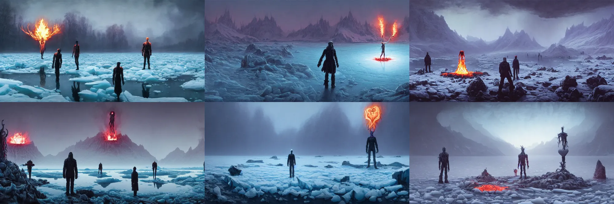 Prompt: An ultrawide shot of a surreal icy lake with a necromancer standing in center, holding an anatomically correct human heart on fire with blazing flames by HR Giger Simon Stålenhag greg rutkowski, an epic fantasy, dramatic lighting, cinematic, establishing shot, extremely high detail, photorealistic, cinematic lighting, artstation, by simon stalenhag, horizon forbidden west ray tracing rendered in octane 8k 3d light study