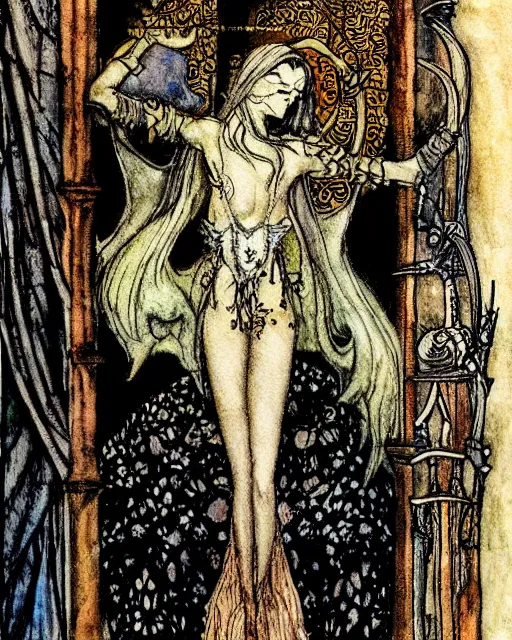 Image similar to tarot card detailed painting, illustration, tarot card framing with roman numbers, in style of Arthur Rackham