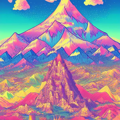 Prompt: a detailed illustration of a mountain anime art by lisa frank, dan mumford, trending on artstation, wallpaper 4 k