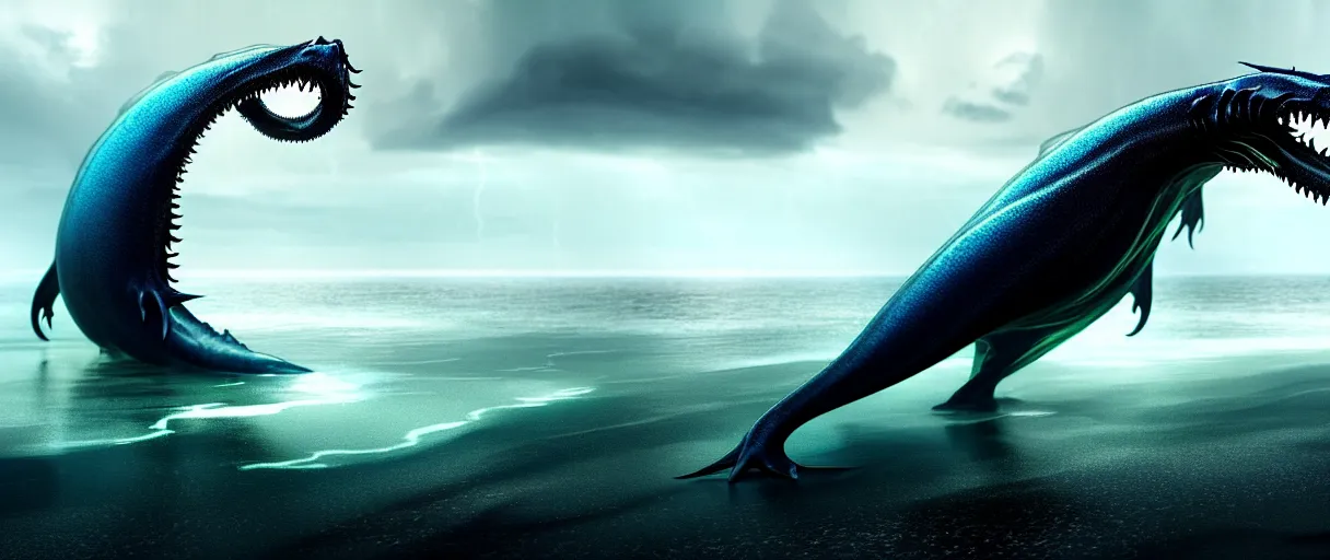 Image similar to a stunning cinematic extreme wide shot of an slick sleek smooth translucent halitrephes maasi sea monster wearing clothes made of seaweed on a dark stormy beach, with huge luminous sad eyes, sharp claws, cgsociety, hd octane render, fantasy, artstation, deviantart, furaffinity, very very clean, super smooth, thunderclouds, thunderstorm