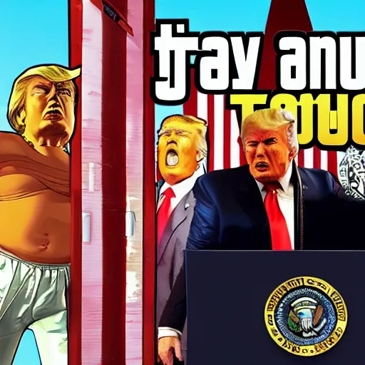 Prompt: angry donald trump. gta v cover art.