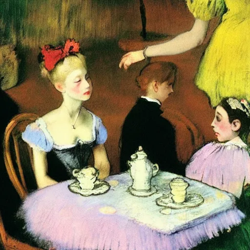 Image similar to “Alice at a tea party by Edgar Degas, Alice in Wonderland, realism”