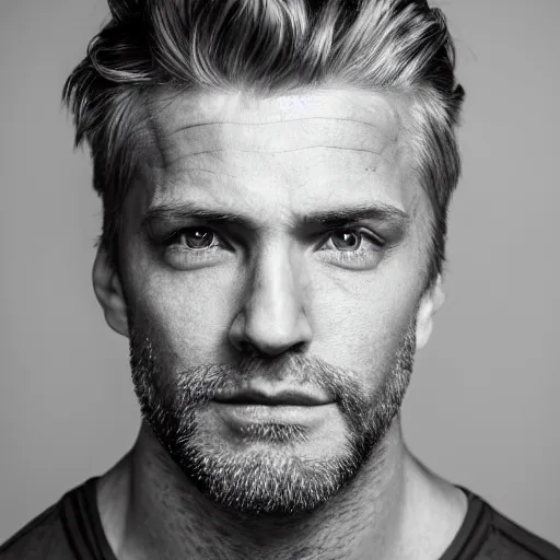 Image similar to close up of face of good looking 4 0 year old slavic blond man with blond stubble, very short wavy blond hair in a short pompadour style, very dark blue eyes, wearing a tank top, hairy shoulders, hairy chest, portrait, 4 k