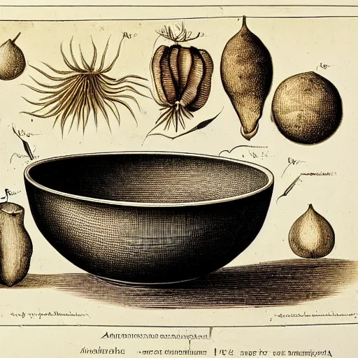 Image similar to anatomical diagram of oryza sativa, next to a bowl of rice, sepia, faded, ink, by maria sibylla merian