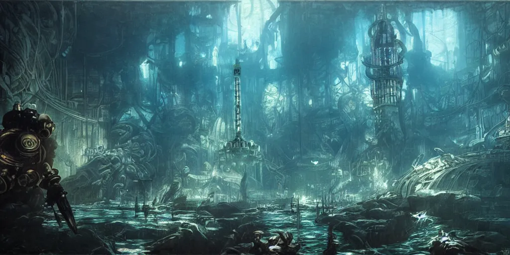 Image similar to concept art of a underwater city, bioshock style, rapture, dark atmosphere, hanafuda oil on canvas by ivan shishkin, james jean and yoji shinkawa