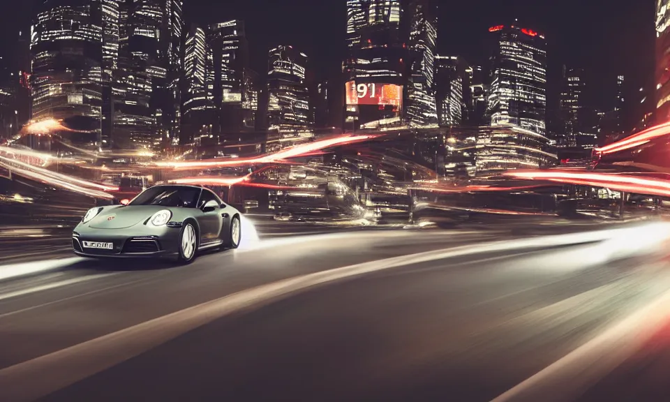 Image similar to photo of a porsche 911 at night drifting through a city, cinematic, 4k, long exposure photography, tokyo drift, fast and furious, film still, night photography, motion blur, lens flare, movie shot, light trail, distortion, wide angle, reflections