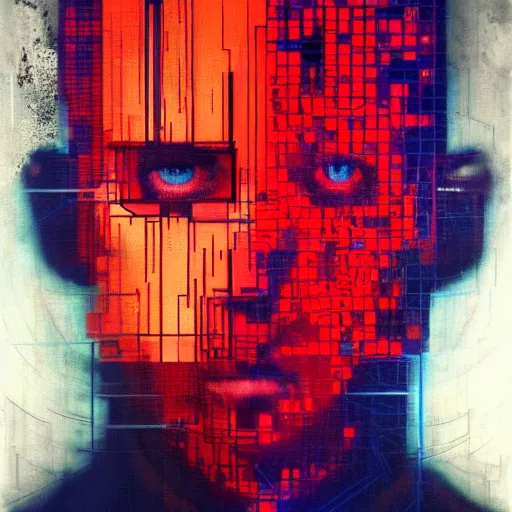 Prompt: hyperrealistic portrait of a mysterious cyberpunk man with cybernetics, by Guy Denning, Johannes Itten, Russ Mills, glitch art, hacking effects, glitch effects, digital tech effects, cybernetics, detailed lines, holographic, chromatic, color blocking!, oil on canvas, octane, concept art, abstract, red face, 8k, trending on artstation