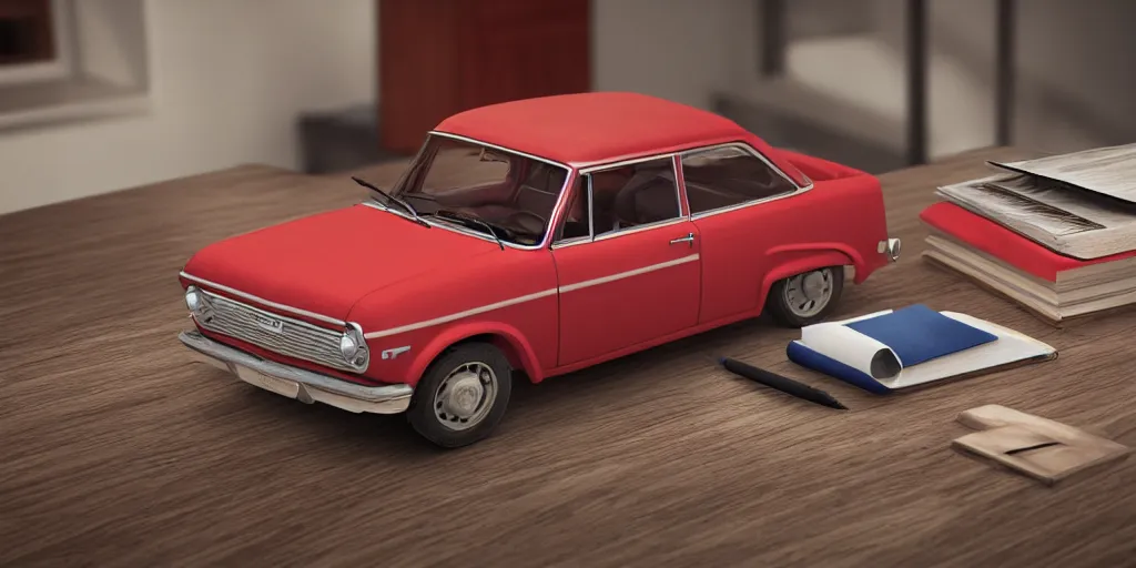 Image similar to a small miniature of a red Chevrolet Opala near a book and a pencil on a wooden table, hyperrealistic, concept art, octane render, unreal engine 5, path tracing, complementary colours, high quality, highly detailed, 4K, symmetrical, low contrast, centered, house interior background