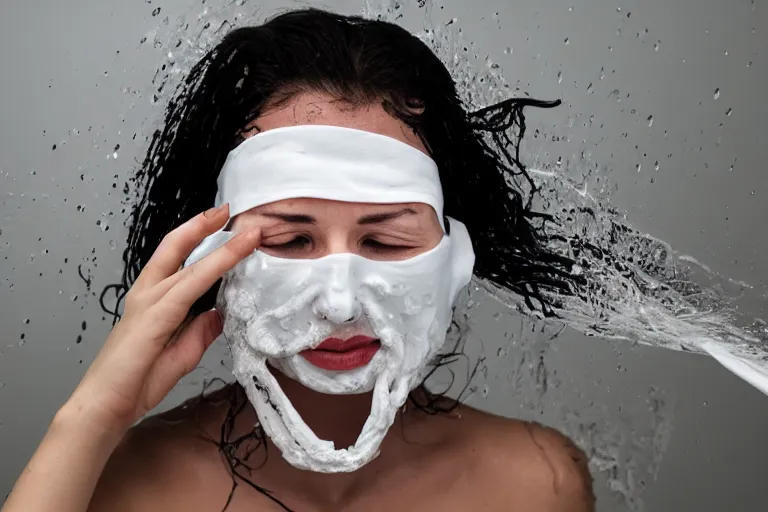 Prompt: woman with blindfold and wet face and hair