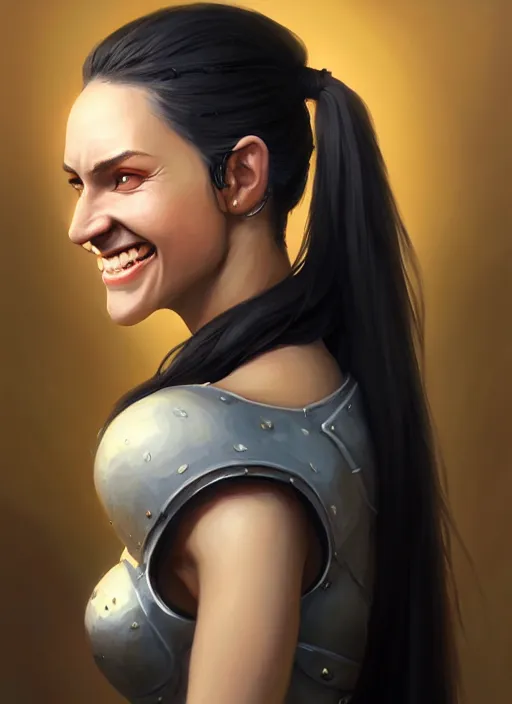 Prompt: a _ fantasy _ style _ portrait _ painting _ of woman, ponytail black hair, smile, round face, engineer rpg dnd oil _ painting _ unreal _ 5 _ daz. _ rpg _ portrait _ extremely _ detailed _ artgerm _ greg _ rutkowski _ greg