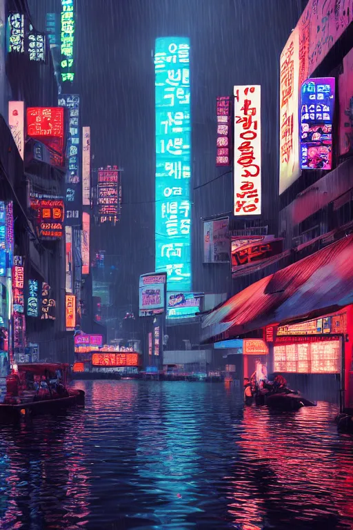 Image similar to cyberpunk flooded rainy south korea, seoul, man in small row boat, reflections, cinematic lighting, photorealistic, trending on artstation, storefronts made of neon lights, hyper realistic rendering photography, unreal 5 engine render, ultra wide angle, long shot, 8 k