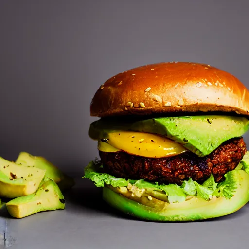Image similar to juicy vegan hamburger topped with avocado onion and a vegan fried egg, crispy buns, 8 k resolution, professional food photography, studio lighting, sharp focus, hyper - detailed