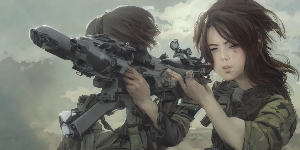 Image similar to soldier girl, alone, ground explosion, anime style, long hair, hair down, symmetrical facial features, under heavy fire, hyper realistic, pale skin, 4 k, rule of thirds, extreme detail, detailed drawing, trending artstation, hd, fantasy, d & d, realistic lighting, by alphonse mucha, greg rutkowski, sharp focus, backlit, soldier clothing