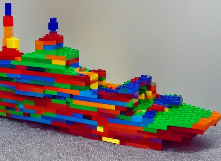 Prompt: a real life-sized boat made out of translucent LEGO bricks.